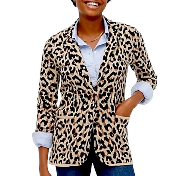 J.Crew Sweater Blazer Notch Lapel Knit Two Button Leopard Women’s Size Large - Picture 1 of 13
